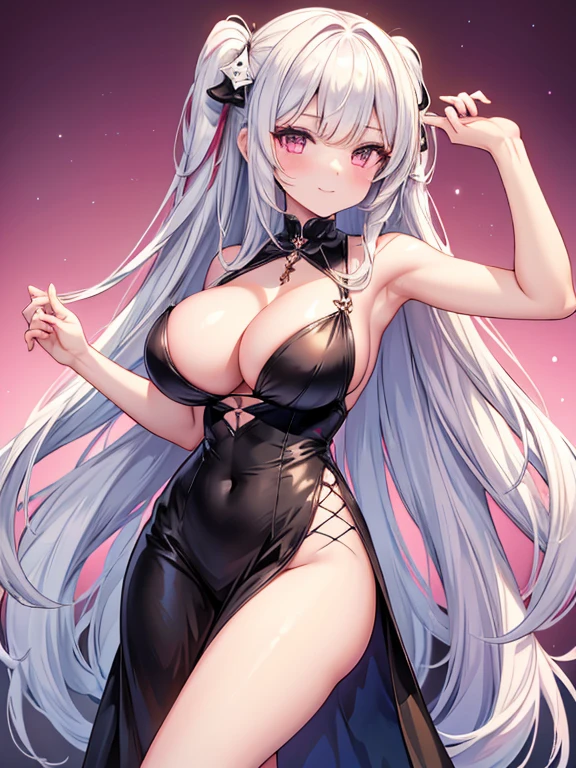 anime girl with long white hair and black dress, perfect anatomy, perfect body, big breasts, cleavage, posing on a pink carpet, sexy, azur lane style, slight smile