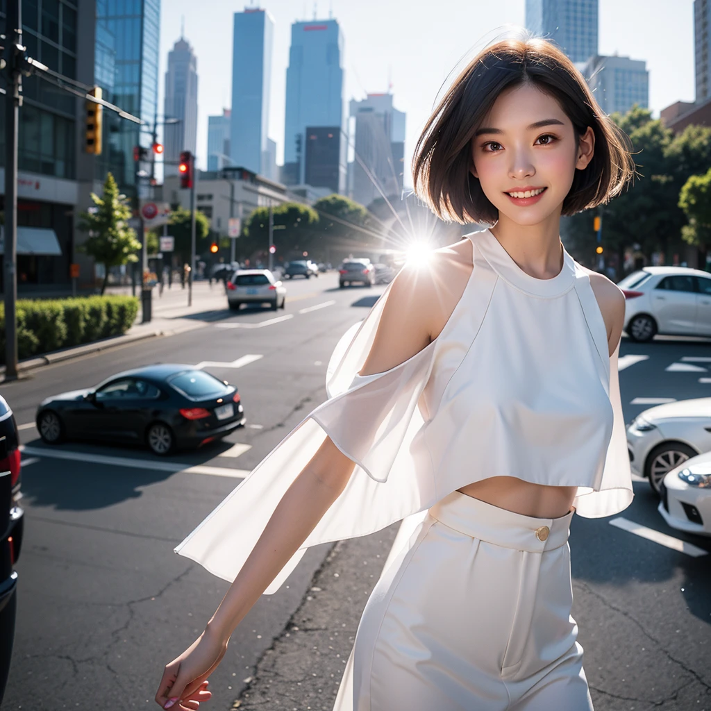Highest quality,master piece,incredibly absurdres,high resolution,lens flare,a girl, one girl,solo focus,alone,full body,perfect ???????,8k,a girl, one girl,solo focus,alone,Japanese women,26 years old,Clear,beautiful,Beautiful eyes,Detailed eyes,smile,teeth,handsome short hair(bionde),Large Breasts,Casual Style,The background is the city,one girl