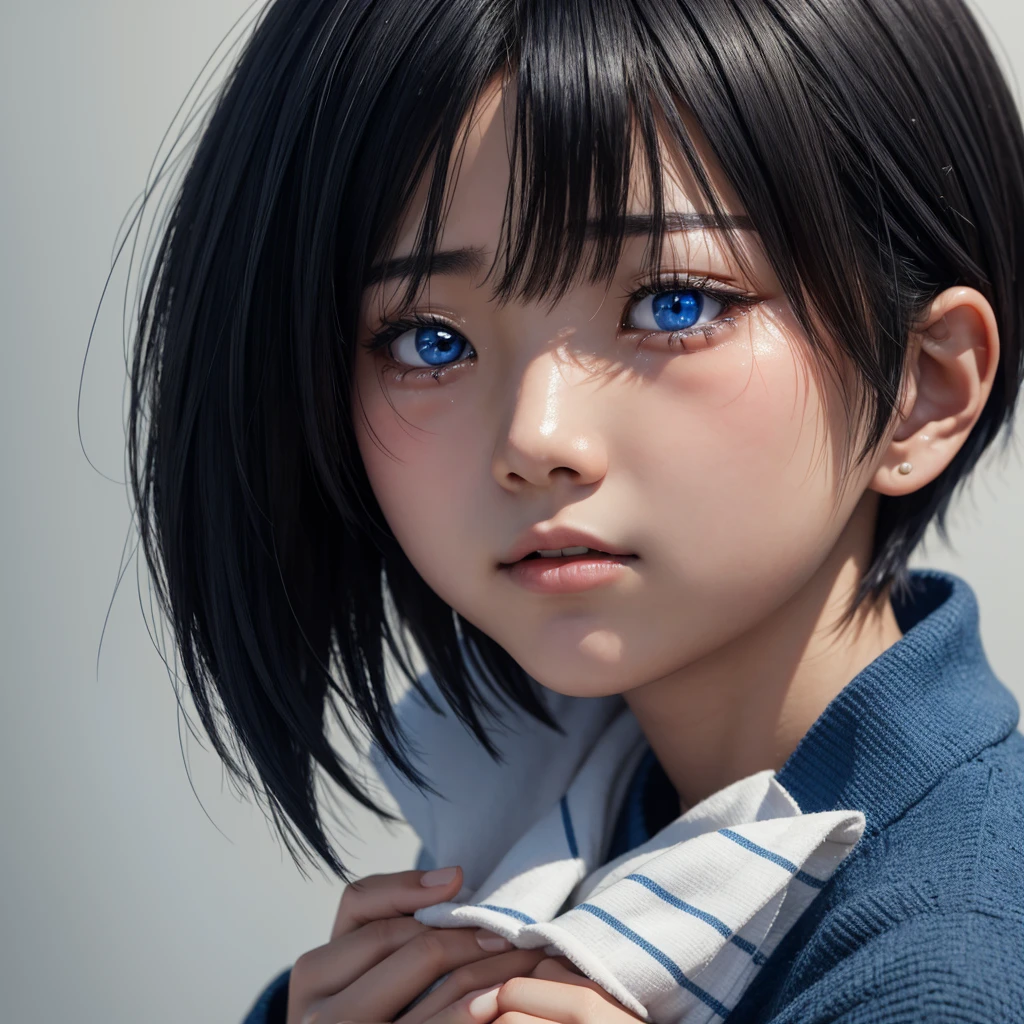 Japanese girl with short hair and blue eyes crying