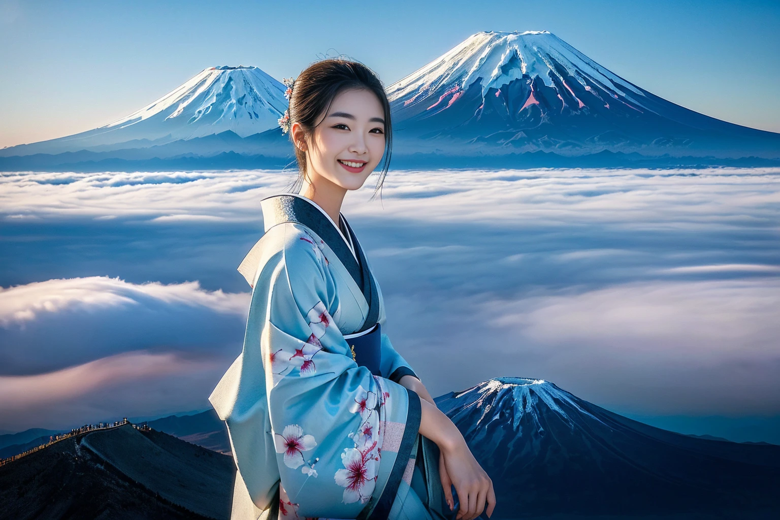 Highest quality masterpiece A beautiful woman smiling as she looks at Mount Fuji surrounded by a sea of clouds Photo style Wearing a kimono Mt. Fuji is one