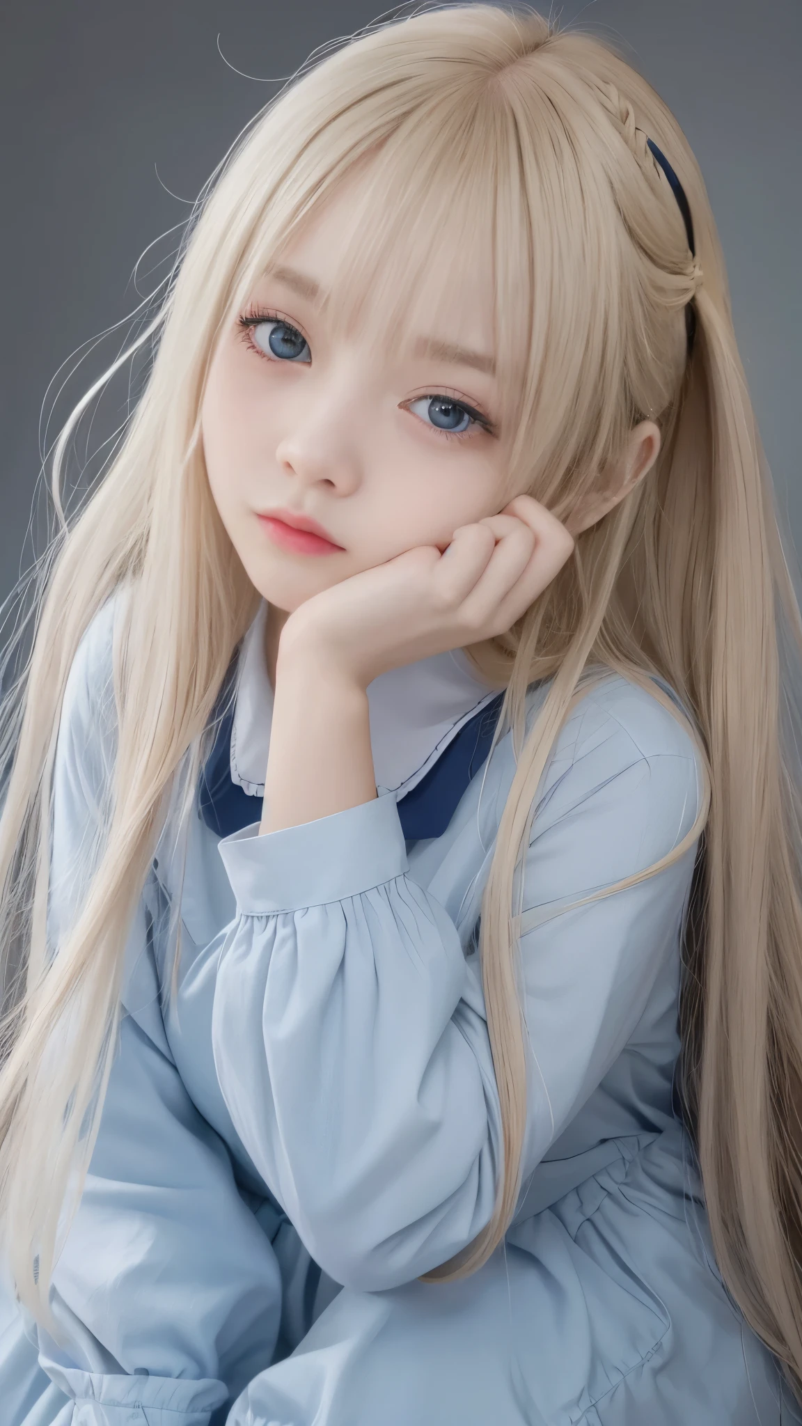 Bright expression、Photorealism、Highest quality、Ultra-high resolution、picture、Photos of the most beautiful Scandinavian girls、A small face that is cute and beautiful down to the last detail、(Pure Eros Face_v1:0.008)、Beautiful Bangs、Alice in Wonderland、18-year-old、Glowing White Skin、Hair sticks to face、Bangs on the face、Bans、Hair between the eyes、Super long hair、Attractive bright natural blonde super long straight silky hi-light hair、Beautiful bright transparent light blue big eyes that are charming and shining、School uniforms、、eyeliner、double eyelid、Ample breasts、(Detailed hands、The right move:1.2)