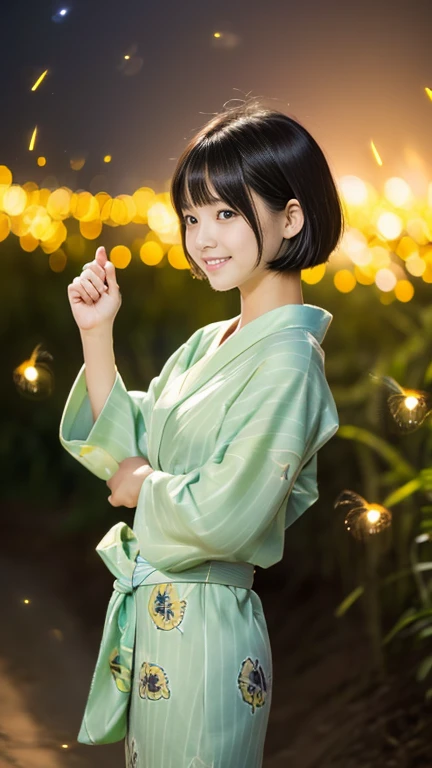 masterpiece, Highest quality, RAW Photos, Ultra-high resolution, Realistic, (16 years old,From the side, Baby Face, Cute Face, Perfect body, The waist is slim、The body is rich, Thin legs,), Realistic Skin, Angle from below), ((Japanese light green yukata))、Long sleeves、Green flower pattern、A rural grassland、stream、((Night Sky))、(((Fireflies on your fingertips)))、 Round face, Black Hair, Cute Smile, Shining Eyes, Short Bob Cut, bangs, A slight blush, (View your audience, stretch), Natural light, full length