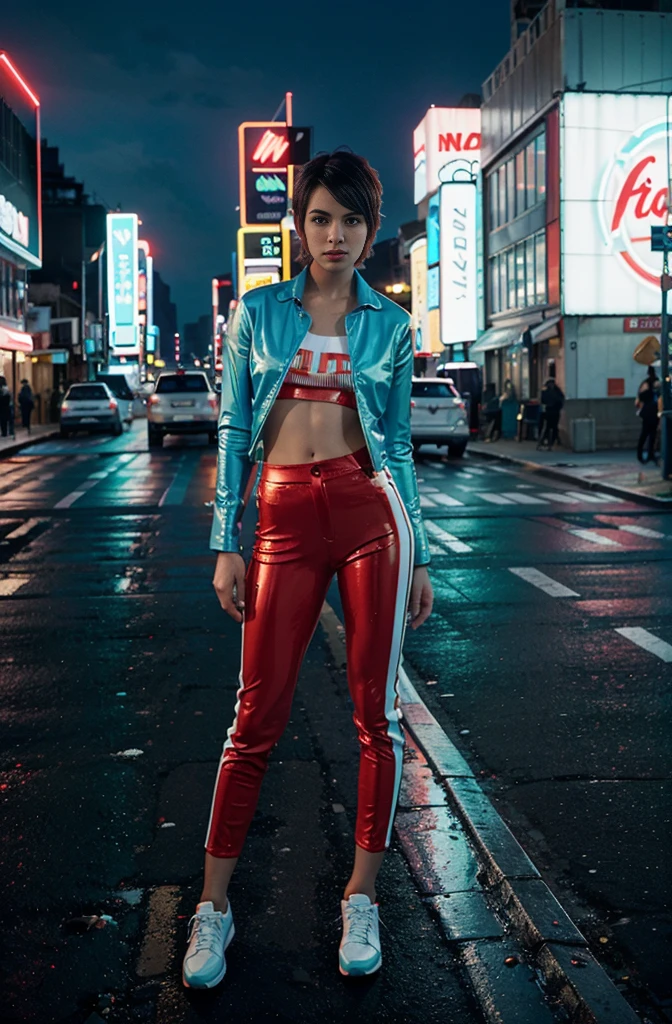 a woman wear glossy suit in cyan color with red neon stripes, wear red pants with three white neon stripes, she has short hair in. mint colors, she standing on roadside, nightime, fast and furious, neons lighting and billboards city.
