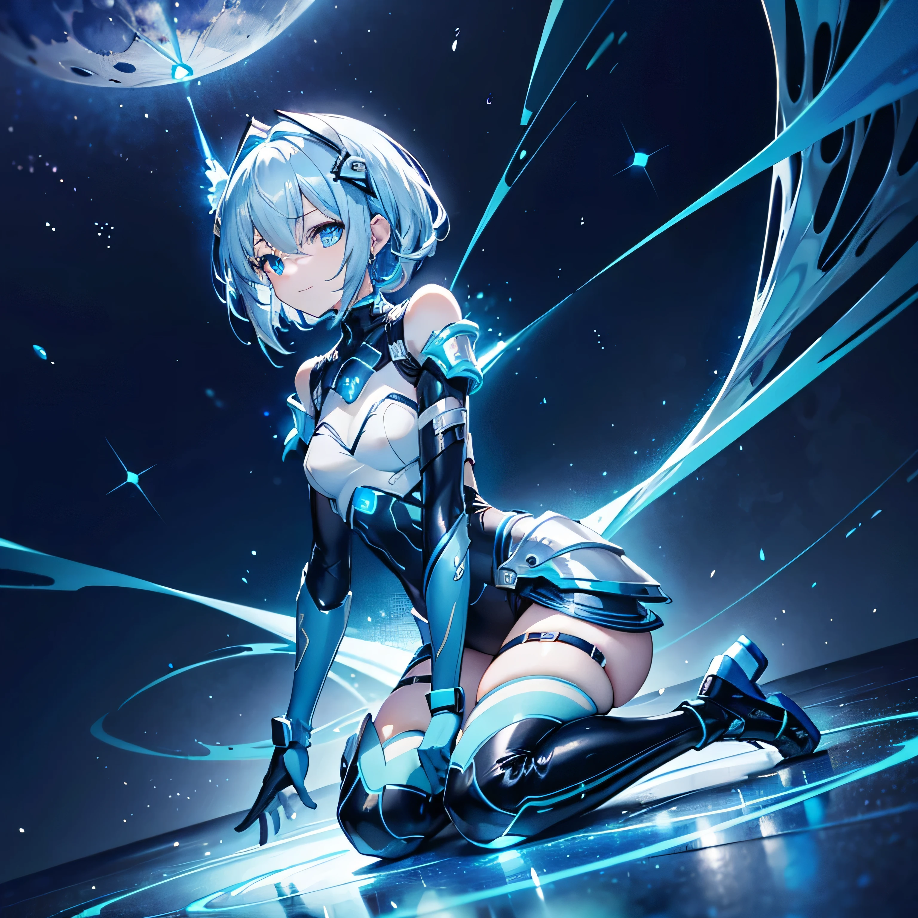 8k, Highest quality, (real:1.4), Original photo, 1 girl, Asari Hair, Biological Amplifier, Very sleek and futuristic armor, posture: Peace talks between warring factions,,attention arousal, smart blue eyes,A modest smile,Knee-high boots,Patent-look blue tights,Blue big moon and blue light swirl in the background,Blue light from behind,blue light magic,A small, glowing blue ball in the palm of your hand,Blue flame swirl,Blue Comet,Polished floor,