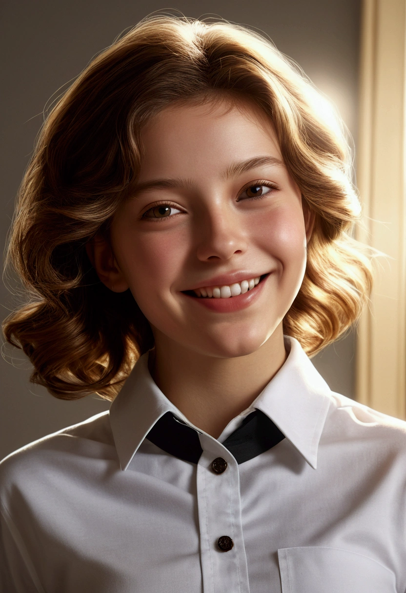 best quality, masterpiece, (photorealistic:1.4), 1girl, light smile, shirt with collars, waist up, dramatic lighting, from below