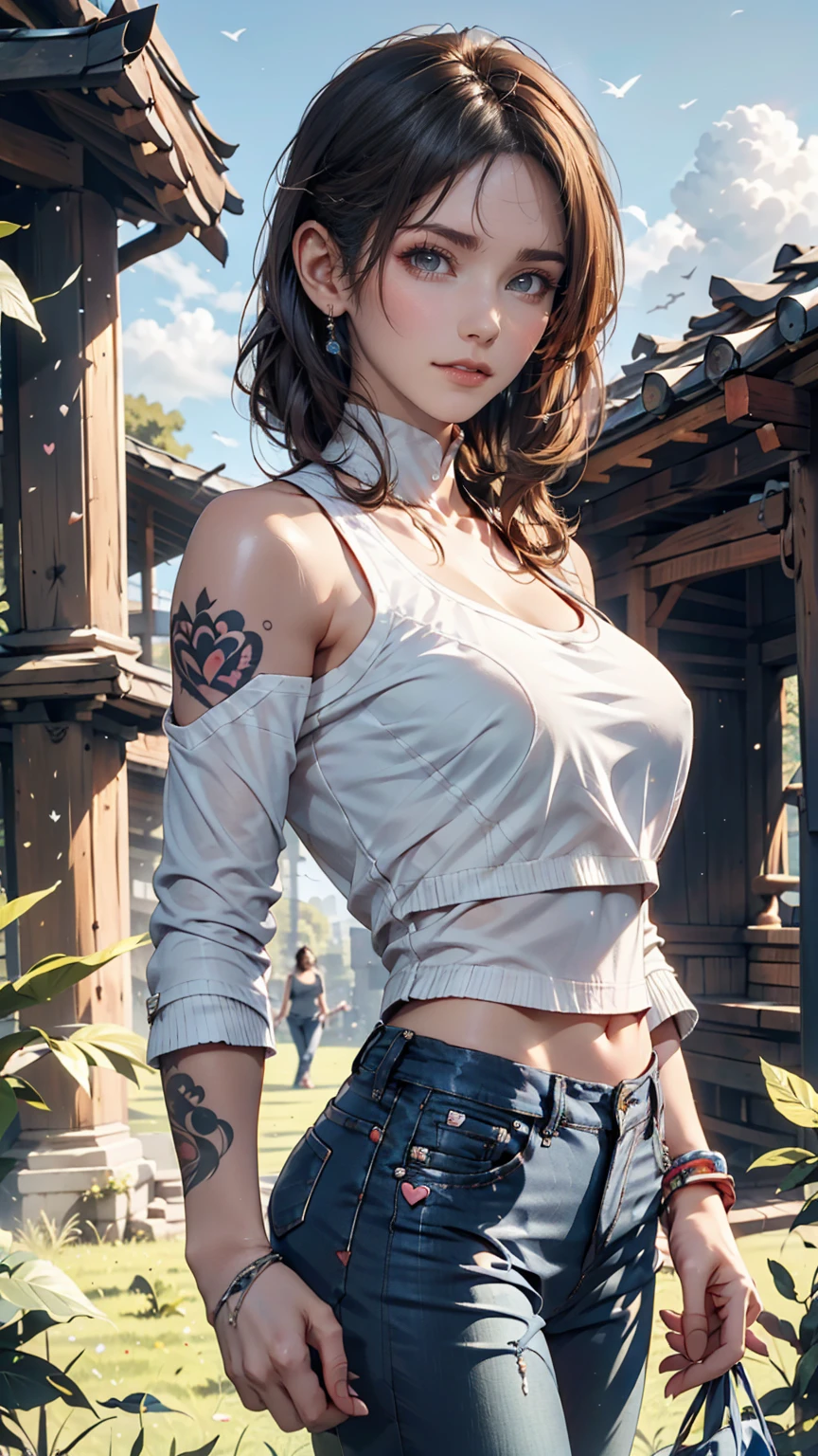 24-year-old female、Side-swept chignon((good site))、Tight high neck tops、No sleeve、Skinny jeans、Silver accessories on the wrist、heart tattoo on shoulder、pumps、blue sky, White cloud, Sunny grassland as far as the eye can see