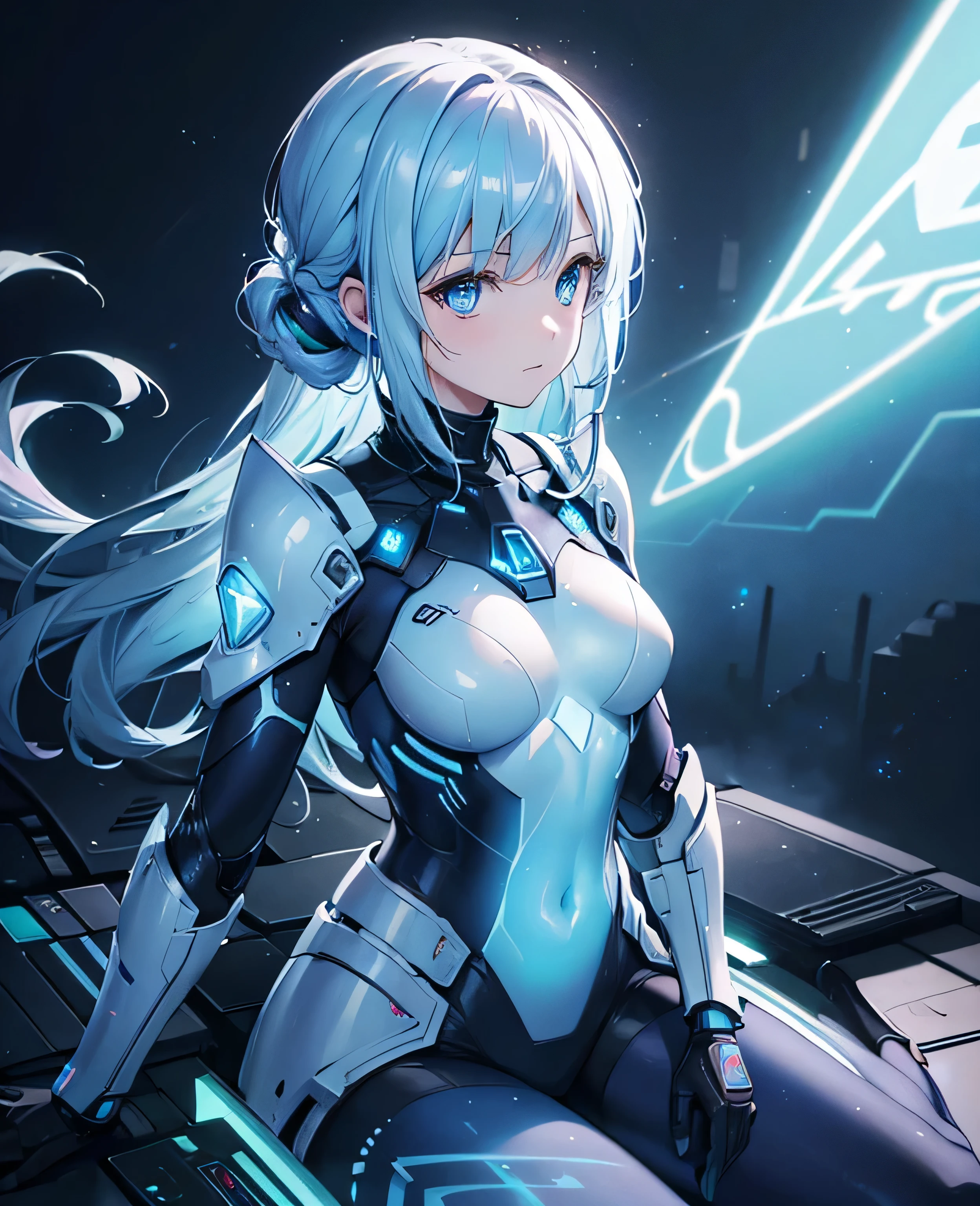 ((Holographic glow effect)),8k, Highest quality, (real:1.4), Original photo, 1 girl, Asari Hair, Biological Amplifier, refined armor, posture: Peace talks between warring factions, smart blue eyes,whole body
