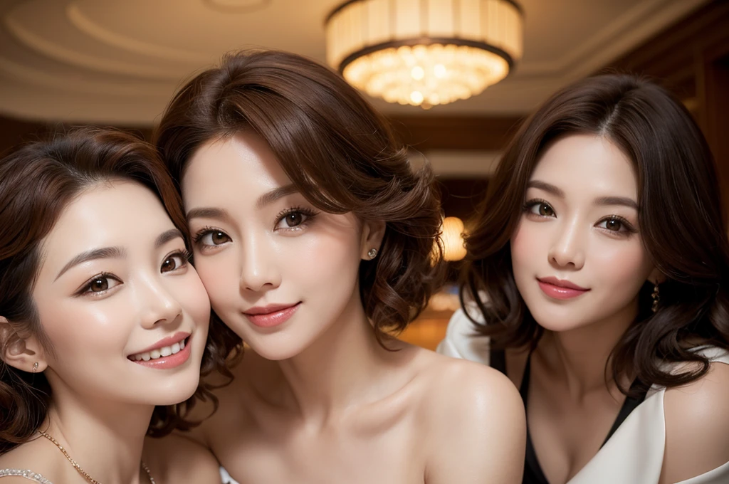 two extremely sexy women who are wives of  boy looking at camera, flustered smiles, short curly auburn hair, casino outfits, portrait, close up to faces, view from below
