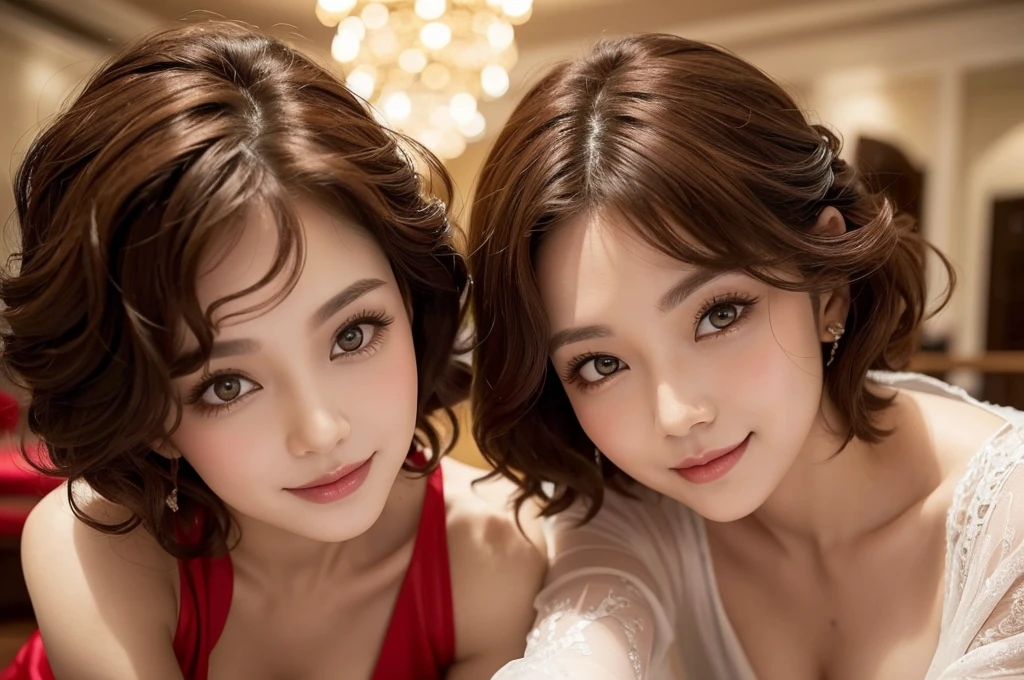two extremely sexy women who are wives of 4 years old boy looking at camera, flustered smiles, short curly auburn hair, casino outfits, portrait, close up to faces, view from below