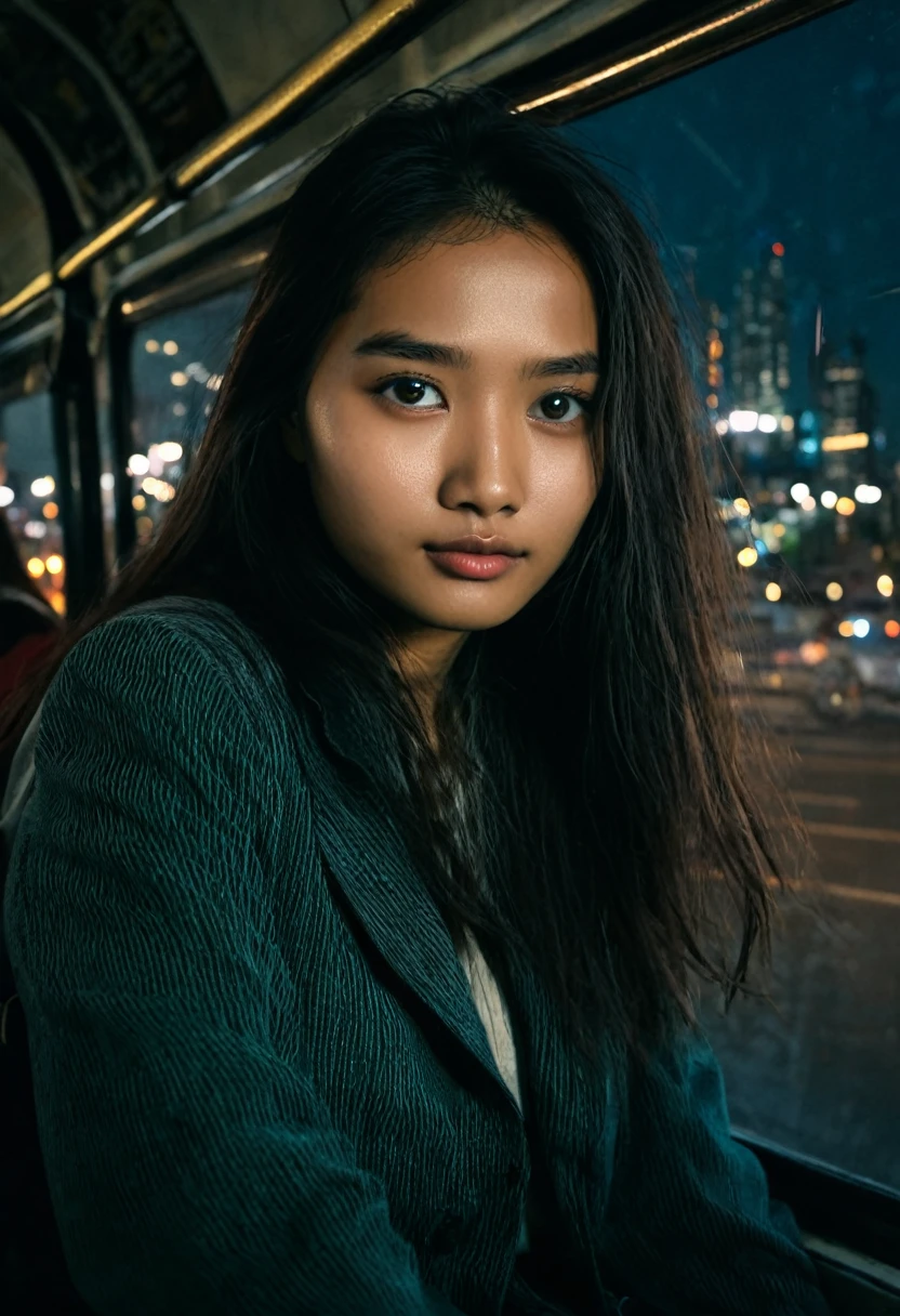 women was about 20 years old, on a bus,, city background, evening, (Best Quality: 0.8), (Best Quality: 0.8), Dark and unclear face, bright Eyes