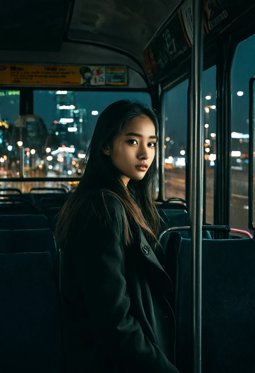 women was about 20 years old, on a bus,, city background, evening, (Best Quality: 0.8), (Best Quality: 0.8), Dark and unclear face, bright Eyes