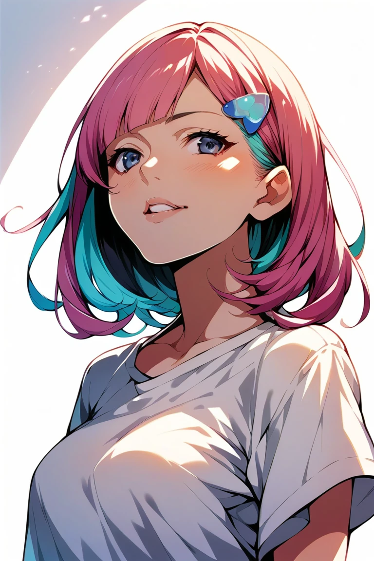 Illustrator, anime , Realistic ,sketch , One girl with bob hair, ,lip, shirt, Hold the book to your chest, White background, Neon Hair,Textured Trim, Canadian, (masterpiece,Highest quality) Cancer