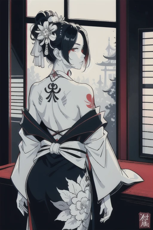 (masterpiece:1,2), best quality, masterpiece, highres, original, extremely detailed wallpaper, perfect lighting,geisha, kimono,Bare shoulder,back,Turn back,tattoo,(((Black and white))),Extreme detail,solo,Cold eyes,look up,Glowing eyes,byobu,