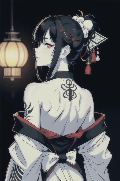(masterpiece:1,2), best quality, masterpiece, highres, original, extremely detailed wallpaper, perfect lighting,geisha, kimono,Bare shoulder,back,Turn back,tattoo,(((Black and white))),Extreme detail,solo,Cold eyes,look up,Glowing eyes,byobu,