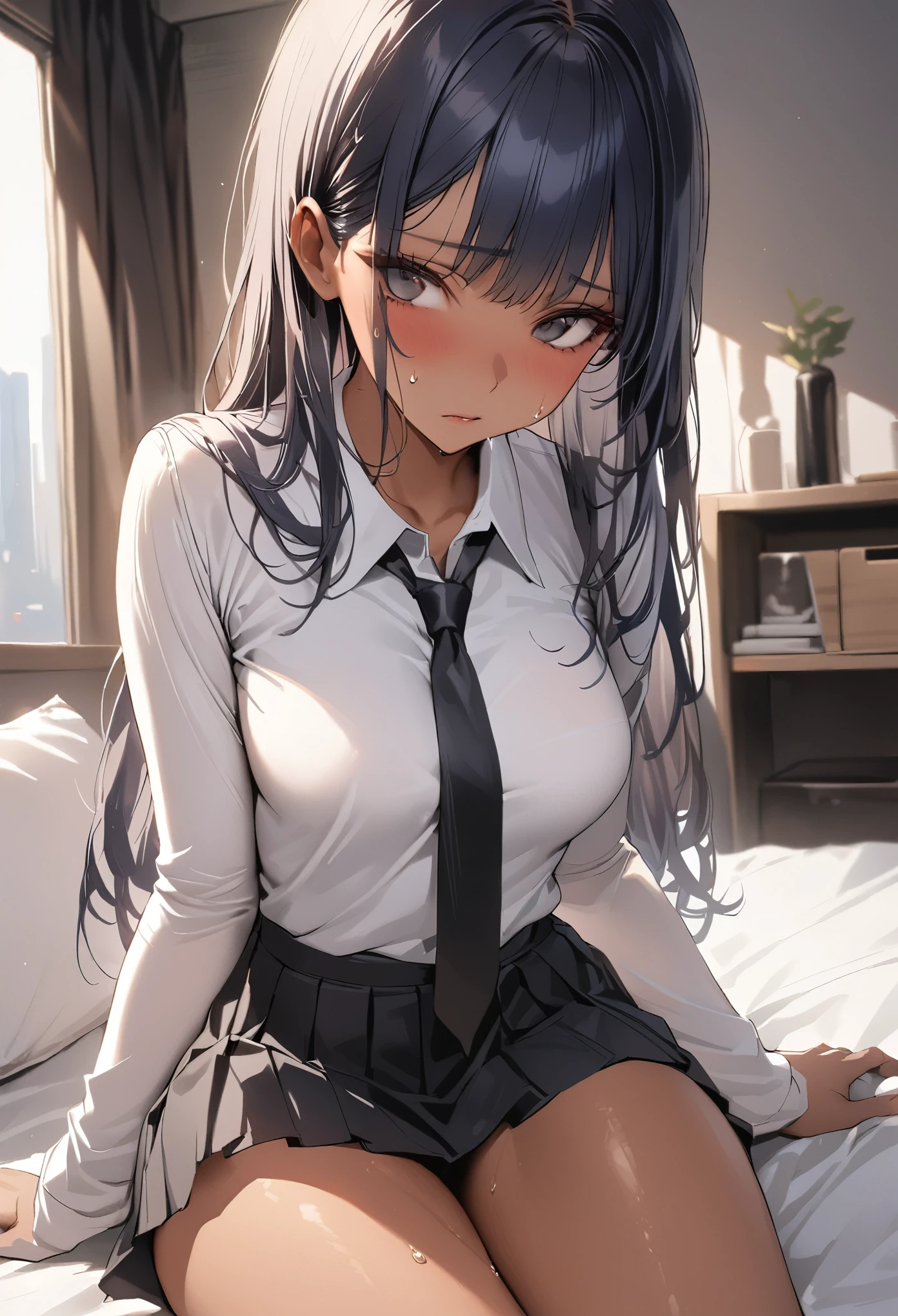 ((masterpiece,Highest quality:1.3,best quality illustration)),realistic,cowboy shot,1woman,(25 year old beauty),((very small head:1.4)),ideal ratio body proportions,dark blue hair,straight long hair,bangs,black eyes,gorgeous big eyes,shy,((tan skin,skinny)),(Black tie、White collared shirt、Long sleeve、Black pleated mini skirt),medium breasts,gleaming skin,slender body,sweat:1.2,sitting,Simple bed、Simple bedroom、Shinjuku、Tokyo、nsfw,