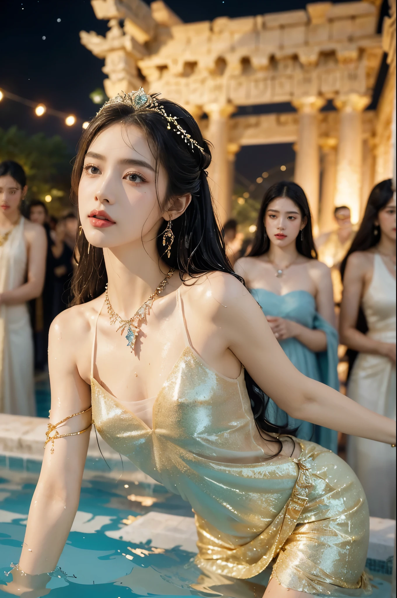 (((best quality))),(((ultra detailed))),(((masterpiece))),illustration,((1 beautiful girl,ancient greek princess,solo)),((earrings,crystal necklace)),(((sweat,wet,shiny skin))),((slim,thin)),((small breasts,flat chest)),(Gorgeous sheer dress:1.3),(slender legs:1.2),(((luxurious pool,grand temple,starry night sky))),summer,radiant complexion,(shoulder length straight hair:1.2),graceful,intricate patterns,embellishments,shimmering fabric,rainbow colors,gentle waves,fragrant oils,lush plants,elegant columns,serene ambiance,(surrounded by crowded crowds of attendants:1.3),ritual of cleansing,opulence,tranquility,solitude,busy life,timeless,enchanting image,essence of ancient greece,((from front,upper body))