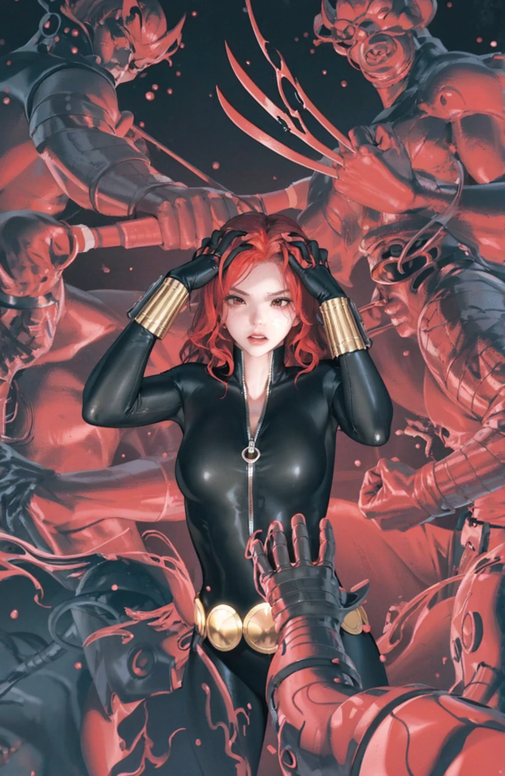 The image displays a red-haired woman in a sleek skin-tight shiny black latex bodysuit with a deep-cut zipper neckline revealing a large chest, the silver zipper running down the front
 adorned with gold wrist guards and belt, standing with her hands on her head against a red background. She is surrounded by numerous red hands or claws extending toward her from all directions, creating an intense, dramatic atmosphere and indicating some form of impending threat. Her posture suggests determination and readiness, painting her as a figure of power or heroism amid the danger.