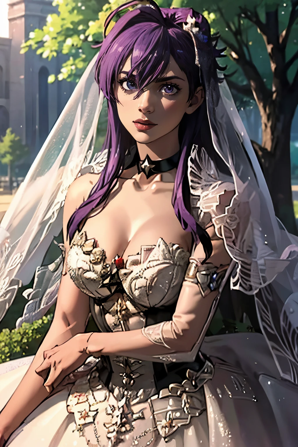 Shez FE, hair between eyes, ahoge, blonde hair, star \(symbol\), hair ornament, ruffled tulle dress, cleavage, bare shoulders, collarbone, long black elbow gloves, black gloves, black dress, black choker, strapless, tiara, veil, strapless dress, princess dress, veil, beautiful woman, perfect body, perfect breasts, wearing a princess dress, ball gown, in the park trees, wedding decorations, a warm smile, realism, masterpiece, textured skin, super detail, high detail, high quality, best quality, 1080p, 16k, purple hair