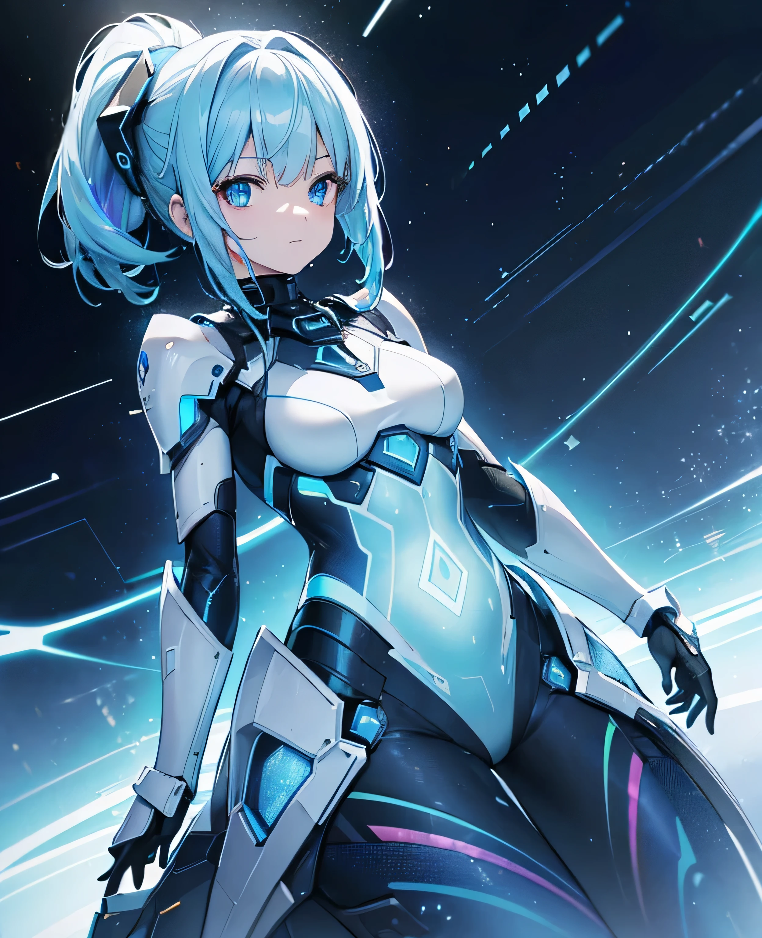 ((Holographic glow effect)),8k, Highest quality, (real:1.4), Original photo, 1 girl, Asari Hair, Biological Amplifier, refined armor, posture: Peace talks between warring factions, smart blue eyes,whole body