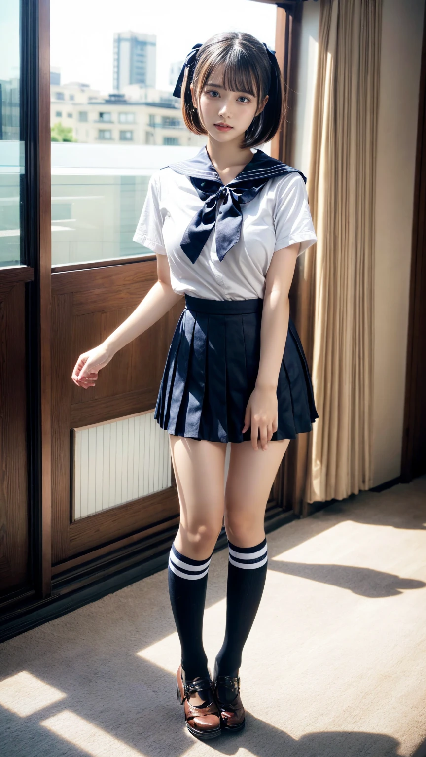 masterpiece, best quality, illustration, Super detailed, fine details, High resolution, 8K,wall paper, perfect dynamic composition,(Details High quality, realistic depiction of eyes:1.3), short hair, Black Sailor Uniform, serafuku, Navy pleated skirt, huge breasts, black hair color, Big Natural Color Lip, bold sexy pose, crying a little、 Harajuku style、20 year old girl、cute type、ta、beautiful legs, hotel room, full body photo、focus on crotch, hposing Gravure Idol