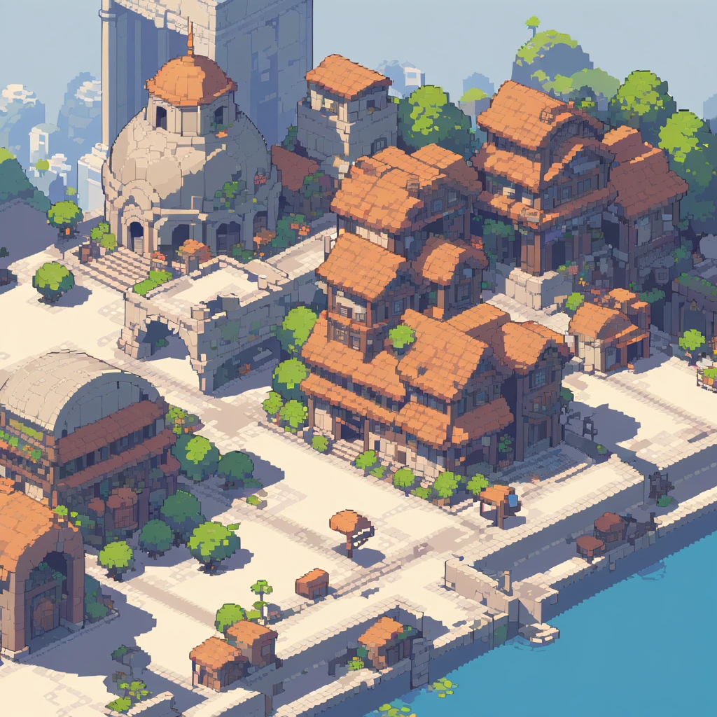 The prompt for generating a Pixel art could be: "Pixel art,Highest quality, High resolution,Simplified shape and form, White background,Buildings and street lights"