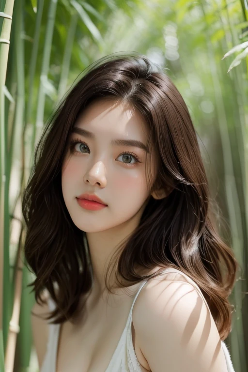 Top quality, RAW Photo, Highest Quality Image, 16K, Full body, Age 22 years old, Realistic, Photorealistic,  Beautiful Asian woman, Sexy, body, White pale skin, Beautiful hair, Wavy hair, Brown Hair,, Short hairstyle, Detailed face, Detailed body, Detailed skin, Double eyelids, Big eyes, long eyelashes, bright eyes, green eyes, natural lips, detailed lips, Saggy breasts, Very Small breasts, Flat Breasts, long shape breasts, posing in Bamboo forest , sunny day light , light through Aspen trees, wearing white shirt, Camera angle from below