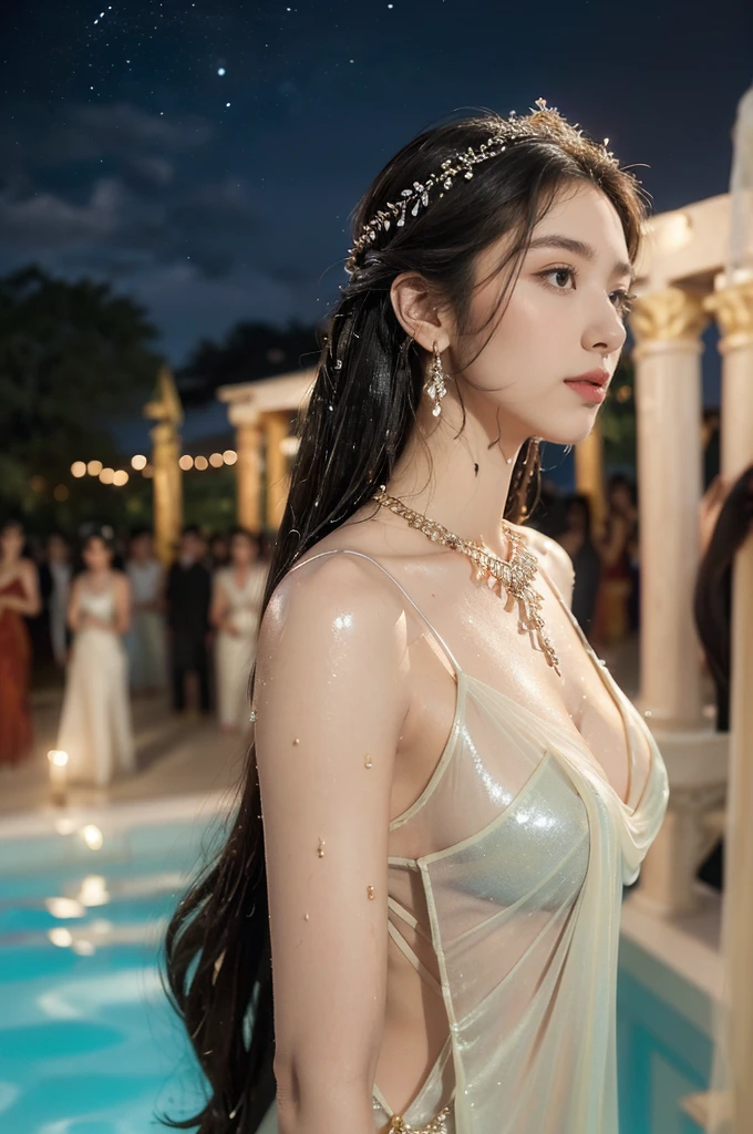 (((best quality))),(((ultra detailed))),(((masterpiece))),illustration,((1 beautiful girl,ancient greek princess,solo)),((earrings,crystal necklace)),(((sweat,wet,shiny skin))),((slim,thin)),((small breasts,flat chest)),(Gorgeous sheer dress:1.3),(slender legs:1.2),(((luxurious pool,grand temple,starry night sky))),summer,radiant complexion,(shoulder length straight hair:1.2),graceful,intricate patterns,embellishments,shimmering fabric,rainbow colors,gentle waves,fragrant oils,lush plants,elegant columns,serene ambiance,(surrounded by crowded crowds of attendants:1.3),ritual of cleansing,opulence,tranquility,solitude,busy life,timeless,enchanting image,essence of ancient greece,((from front,upper body))