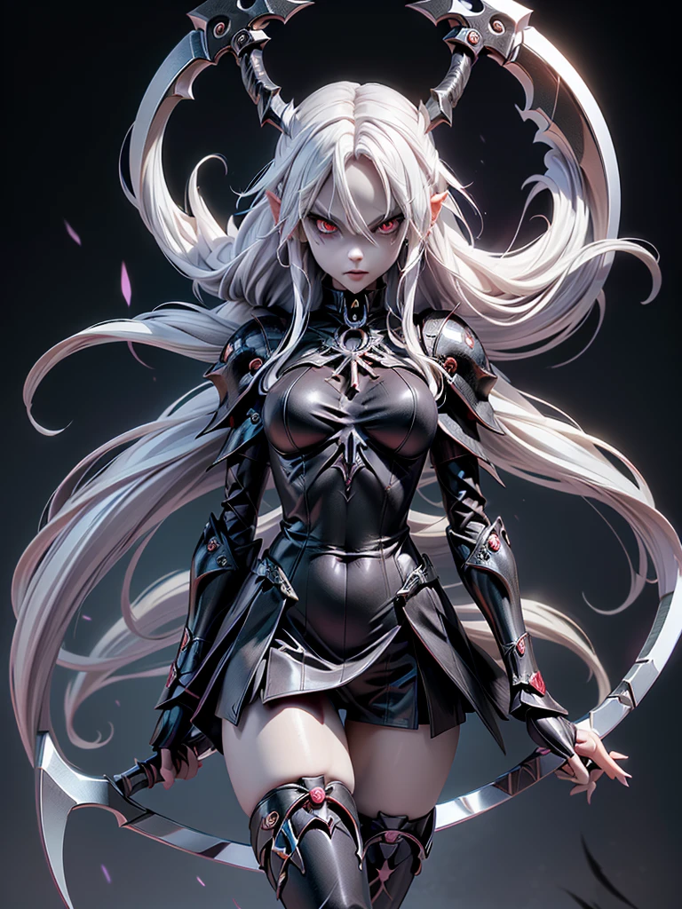 (((Masterpiece, best quality, 16k))),Unique beauty female character with long white hair and piercing red eyes. She wears a demonic armor in purple, black, and white. wields a large, stylized scythe. The character has a menacing expression, with a chaotic environment as the background. ((full body front view)). ((slender)), (extremely beauty:1.4),(extremely detailed:1.5), (long white hair:1.2), (piercing eyes:1.2), (chaotic environment:1.1), (demonic armor:1.3), (stylized scythe:1.3).