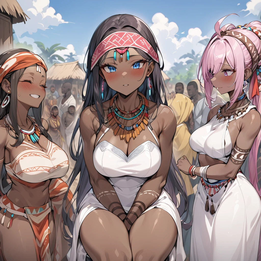 ((Highest quality)), ((masterpiece)), (detailed), (Perfect Face)、The woman is Lacus Clyne, a black-skinned woman with blue eyes and medium-long pink hair, a hair ornament, a colorful headscarf, tribal accessories such as tribal necklaces and tribal earrings, and an indigenous African tribal woman wearing a tribal wedding dress.、A woman is having a wedding ceremony in a village of a native African tribe, embracing a strong man from the tribe and having sex to make a vow of marriage.