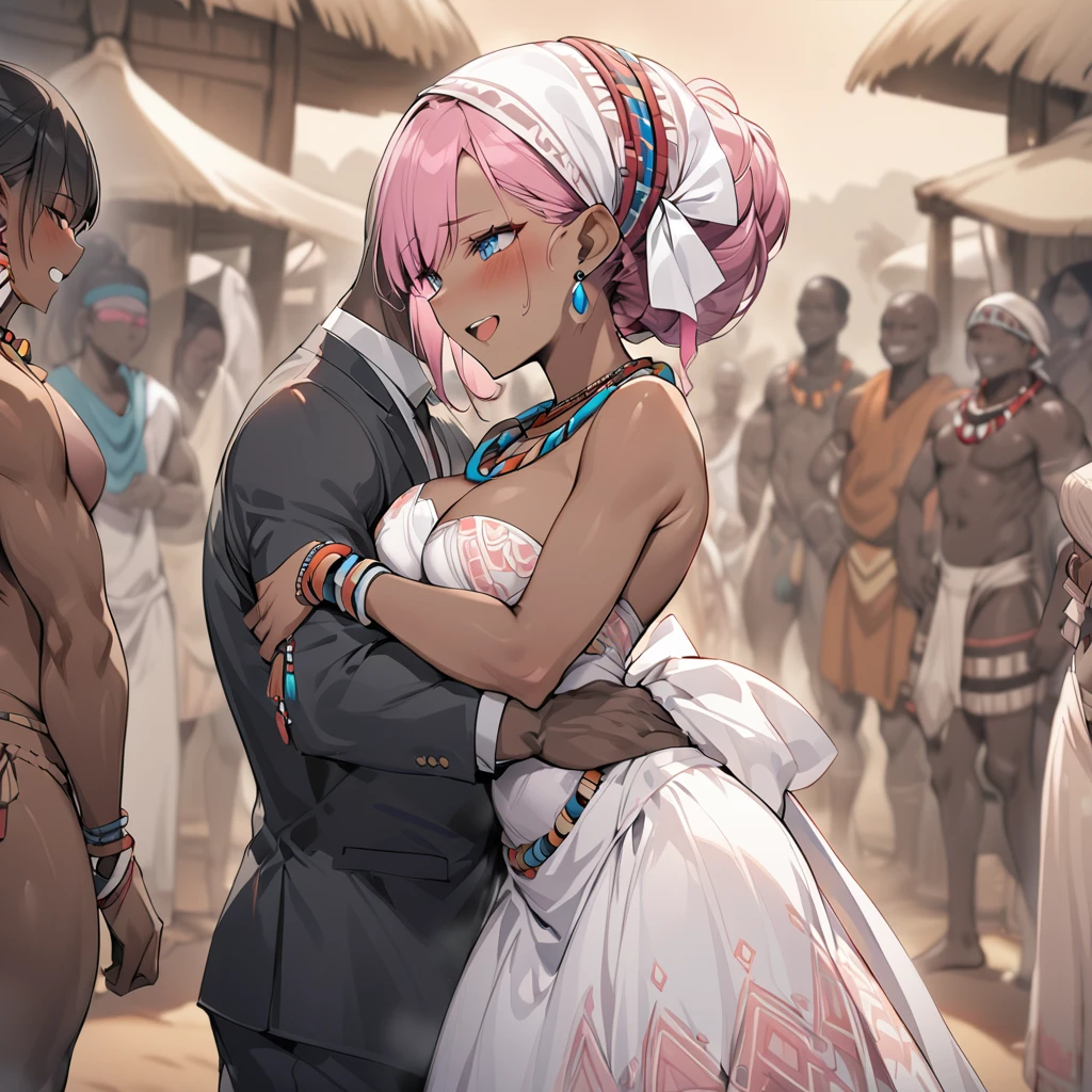 ((Highest quality)), ((masterpiece)), (detailed), (Perfect Face)、The woman is Lacus Clyne, a black-skinned woman with blue eyes and medium-long pink hair, a hair ornament, a colorful headscarf, tribal accessories such as tribal necklaces and tribal earrings, and an indigenous African tribal woman wearing a tribal wedding dress.、A woman is holding a wedding ceremony with a strong man of the tribe in an African native tribal village, kissing each other and making a vow.