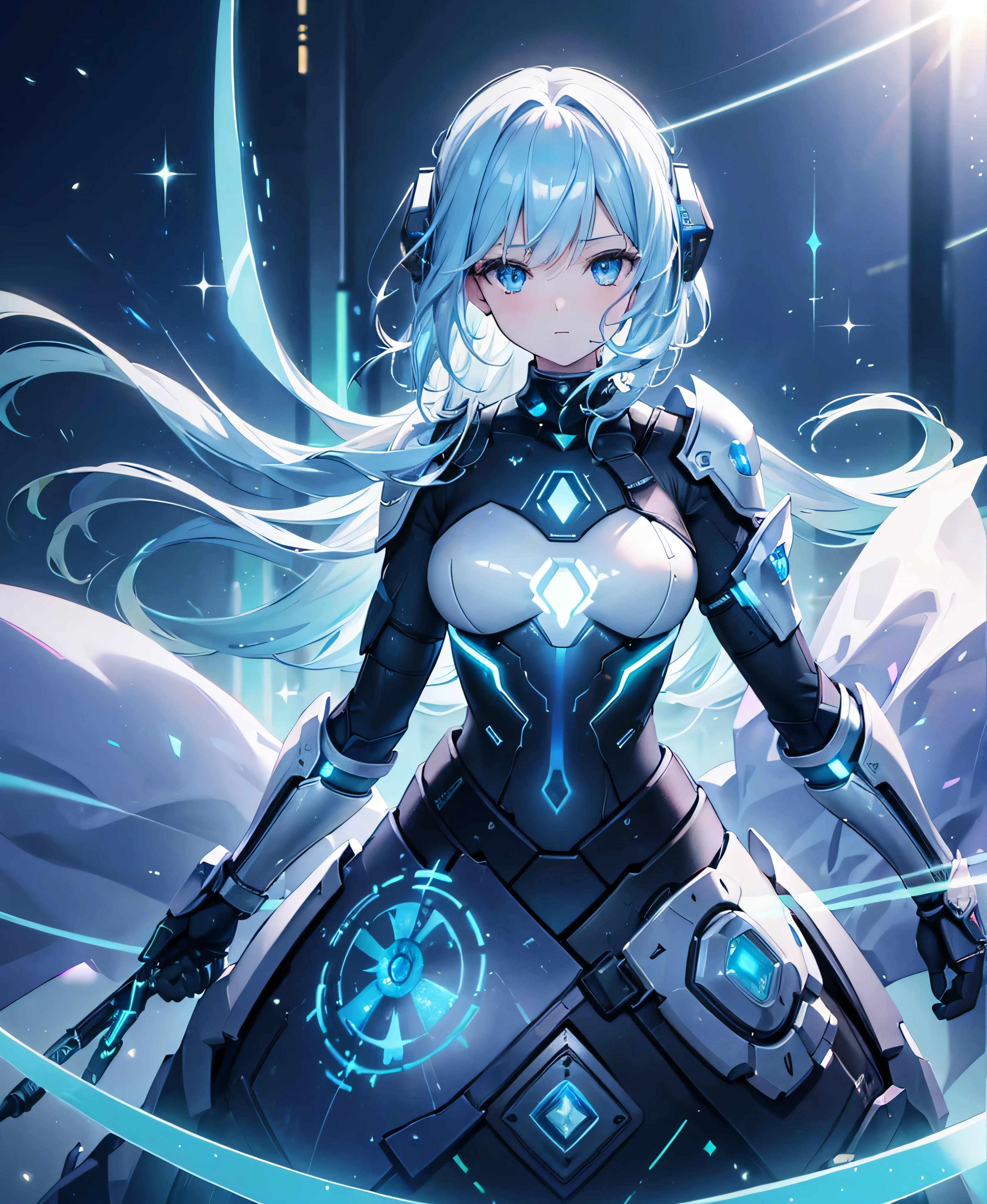 ((Holographic glow effect)),8k, Highest quality, (real:1.4), Original photo, 1 girl, Asari Hair, Biological Amplifier, refined armor, posture: Peace talks between warring factions, smart blue eyes,whole body