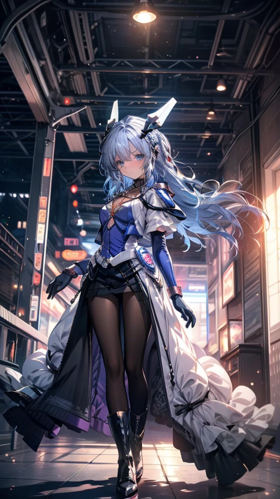 Highest quality，symphony_sugar,Light blue hair,Dark blue eyes,hair ornaments,Long Hair,White Long_Gloves,Light blue short dress,Black Pantyhose,High heels, ,Show me your boots，Gloves，elegant, 1 girl, cute, Blushed, Looking at the audience, From below, prison，Beautiful Eyes, Beautiful background, Particles of light, Light of the sun, Dramatic lighting, outside, Shiny, Realistic, Highest quality, Very detailed, Get used to it, scenery, Beautiful and detailed, Thin Hair，Full Body Shot，