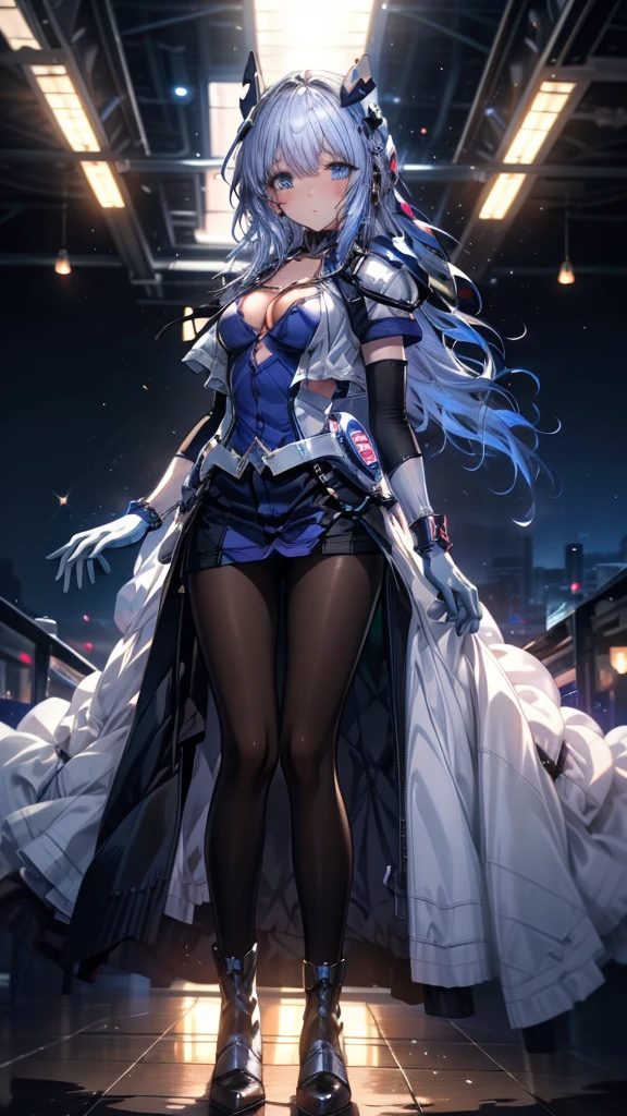 Highest quality，symphony_sugar,Light blue hair,Dark blue eyes,hair ornaments,Long Hair,White Long_Gloves,Light blue short dress,Black Pantyhose,High heels, ,Show me your boots，Gloves，elegant, 1 girl, cute, Blushed, Looking at the audience, From below, prison，Beautiful Eyes, Beautiful background, Particles of light, Light of the sun, Dramatic lighting, outside, Shiny, Realistic, Highest quality, Very detailed, Get used to it, scenery, Beautiful and detailed, Thin Hair，Full Body Shot，