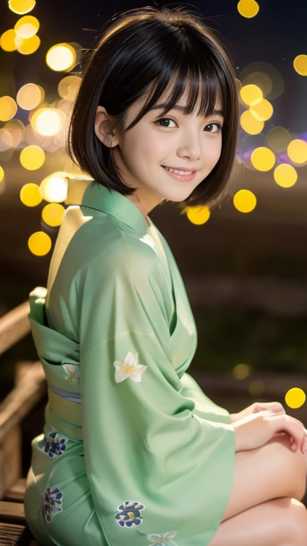 masterpiece, Highest quality, RAW Photos, Ultra-high resolution, Realistic, (16 years old,From the side, Baby Face, Cute Face, Perfect body, The waist is slim、The body is rich, Thin legs,), Realistic Skin, Angle from below), ((Japanese light green yukata))、Long sleeves、Green flower pattern、A rural grassland、stream、((Night Sky))、(((Fireflies on your fingertips)))、 Round face, Black Hair, Cute Smile, Shining Eyes, Short Bob Cut, bangs, A slight blush, (View your audience, stretch), Natural light, full length