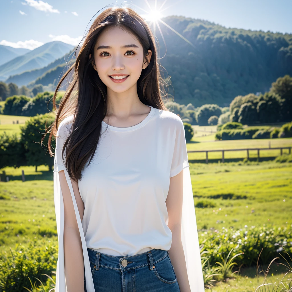 Highest quality,master piece,incredibly absurdres,high resolution,lens flare,a girl, one girl,solo focus,alone,full body,perfect anatomy,8k,a girl, one girl,solo focus,alone,Japanese women,26 years old,clear,beautiful,White skin,Beautiful eyes,Detailed eyes,smile,teeth,lomg straight hair(brown),Large Breasts,Casual Style,Countryside in the background,blue sky,White cloud,one girl
