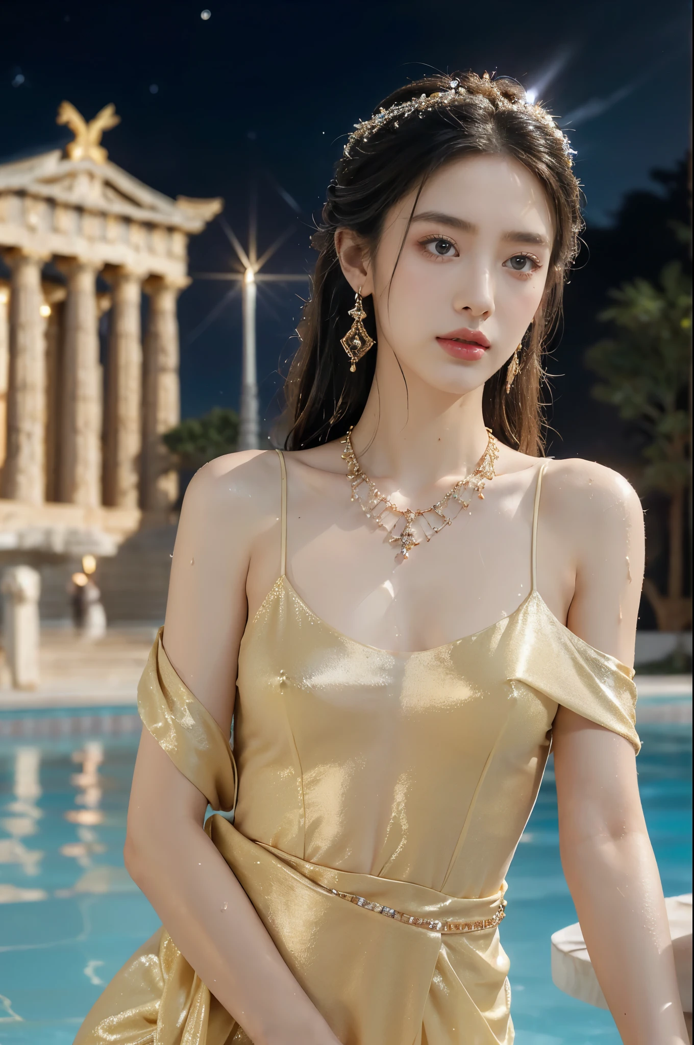 (((best quality))),(((ultra detailed))),(((masterpiece))),illustration,((1 beautiful girl,ancient greek princess,solo)),((earrings,crystal necklace)),(((sweat,wet,shiny skin))),((slim,thin)),((small breasts,flat chest)),(Gorgeous sheer dress:1.3),(slender legs:1.2),(((luxurious pool,grand temple,starry night sky))),summer,radiant complexion,(shoulder length straight hair:1.2),graceful,intricate patterns,embellishments,shimmering fabric,rainbow colors,gentle waves,fragrant oils,lush plants,elegant columns,serene ambiance,(surrounded by crowded crowds of attendants:1.3),ritual of cleansing,opulence,tranquility,solitude,busy life,timeless,enchanting image,essence of ancient greece,((from front,upper body))