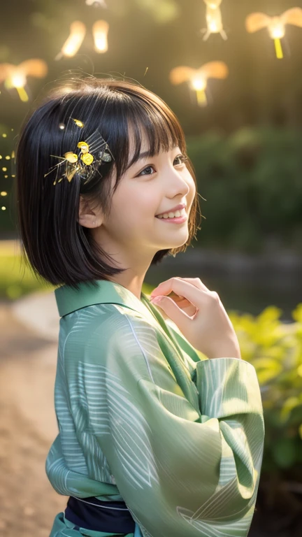 masterpiece, Highest quality, RAW Photos, Ultra-high resolution, Realistic, (,From the side, Baby Face, Cute Face, Perfect body, The waist is slim、The body is rich, Thin legs,), Realistic Skin, Angle from below), ((Japanese light green yukata))、Long sleeves、Green flower pattern、A rural grassland、stream、((Night Sky))、(((Fireflies on your fingertips)))、 Round face, Black Hair, Cute Smile, Shining Eyes, Short Bob Cut, bangs, A slight blush, (View your audience, stretch), Natural light, full length