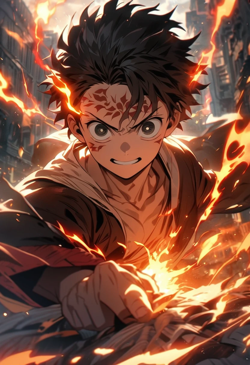 Symetrical,absurdres, highres, ultra detailed, HDR, masterpiece, extremely detailed face and eyes, monkey d luffy, Kimetsu no yaiba,,black hair , , solo, man, handsome,Mark on forehead ,, , Epic fight scene,fire red lightning effect, glowing glitters, , flames effect, flaming aura effect,black eyes, flaming splashing, surrounded by flames energy