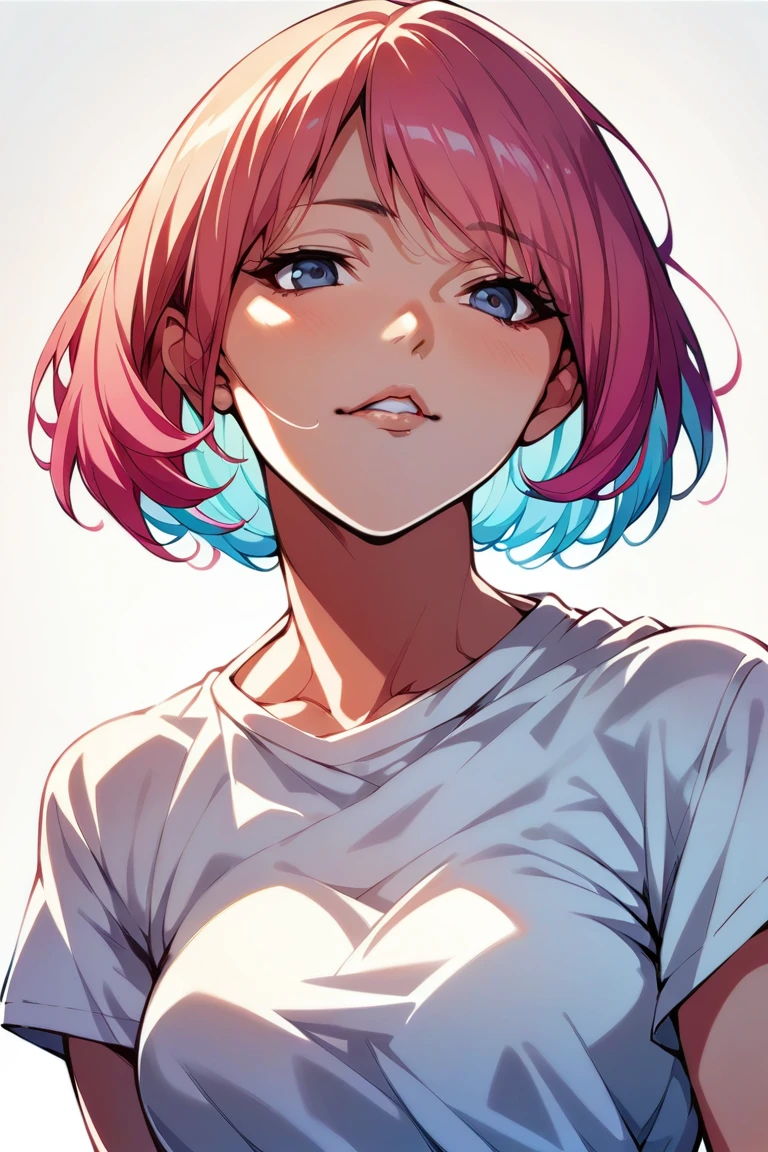 Illustrator, anime , Realistic ,sketch, One girl with bob hair, ,lip, shirt, Hold the book to your chest, White background, Neon Hair,Textured Trim, Canadian, JK, (masterpiece,Highest quality) Cancer