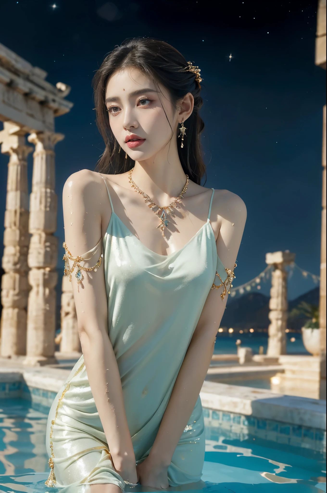 (((best quality))),(((ultra detailed))),(((masterpiece))),illustration,((1 beautiful girl,ancient greek princess,solo)),((earrings,crystal necklace)),(((sweat,wet,shiny skin))),((slim,thin)),((small breasts,flat chest)),(Gorgeous sheer dress:1.3),(slender legs:1.2),(((luxurious pool,grand temple,starry night sky))),summer,radiant complexion,(shoulder length straight hair:1.2),graceful,intricate patterns,embellishments,shimmering fabric,rainbow colors,gentle waves,fragrant oils,lush plants,elegant columns,serene ambiance,(surrounded by crowded crowds of attendants:1.3),ritual of cleansing,opulence,tranquility,solitude,busy life,timeless,enchanting image,essence of ancient greece,((from front,upper body))