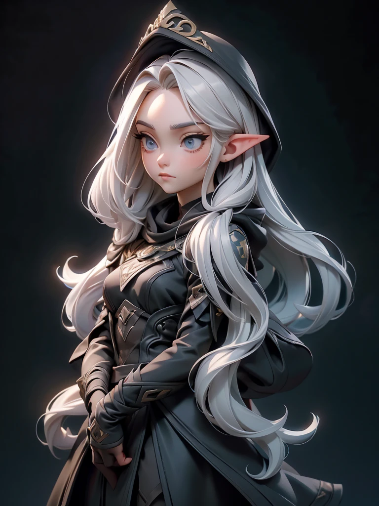 
(((Best Quality))), (((Masterpiece))), (((Realistic))) ((full body shot))White elf girl, dark grey hair color, very long flowing hair, grey eye color, small eyes, round eye shape, eyeliner, realistic face shape. black shirt, portrait, wearing a black hood, black background, Depth of Field. looking at camera, dreamy look detailed eyes, detailed face, detailed skin, Ultra Detailed, Beautiful and Aesthetic, Masterpiece, Best Quality, shoulders showing. lace fabric, round chin shape. wearing black hood over hair. showing full upper body and face. wearing a black hood, alot of flairs in background, zoomed out, black and gold. glowing, 