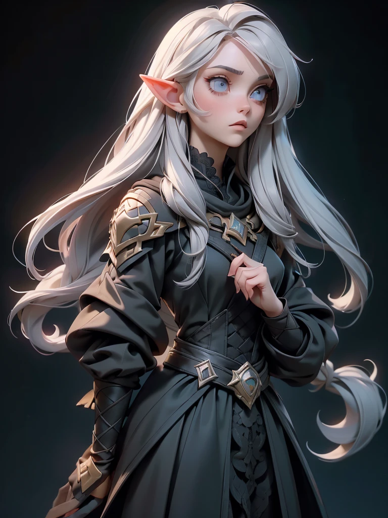 (((Best Quality))), (((Masterpiece))), (((Realistic))) ((full body shot))White elf girl, dark grey hair color, very long flowing hair, grey eye color, small eyes, round eye shape, eyeliner, realistic face shape. black shirt, portrait, wearing a black hood, black background, Depth of Field. looking at camera, dreamy look detailed eyes, detailed face, detailed skin, Ultra Detailed, Beautiful and Aesthetic, Masterpiece, Best Quality, shoulders showing. lace fabric, round chin shape. wearing black hood over hair. showing full upper body and face. wearing a black hood, alot of flairs in background, zoomed out, black and gold. glowing,