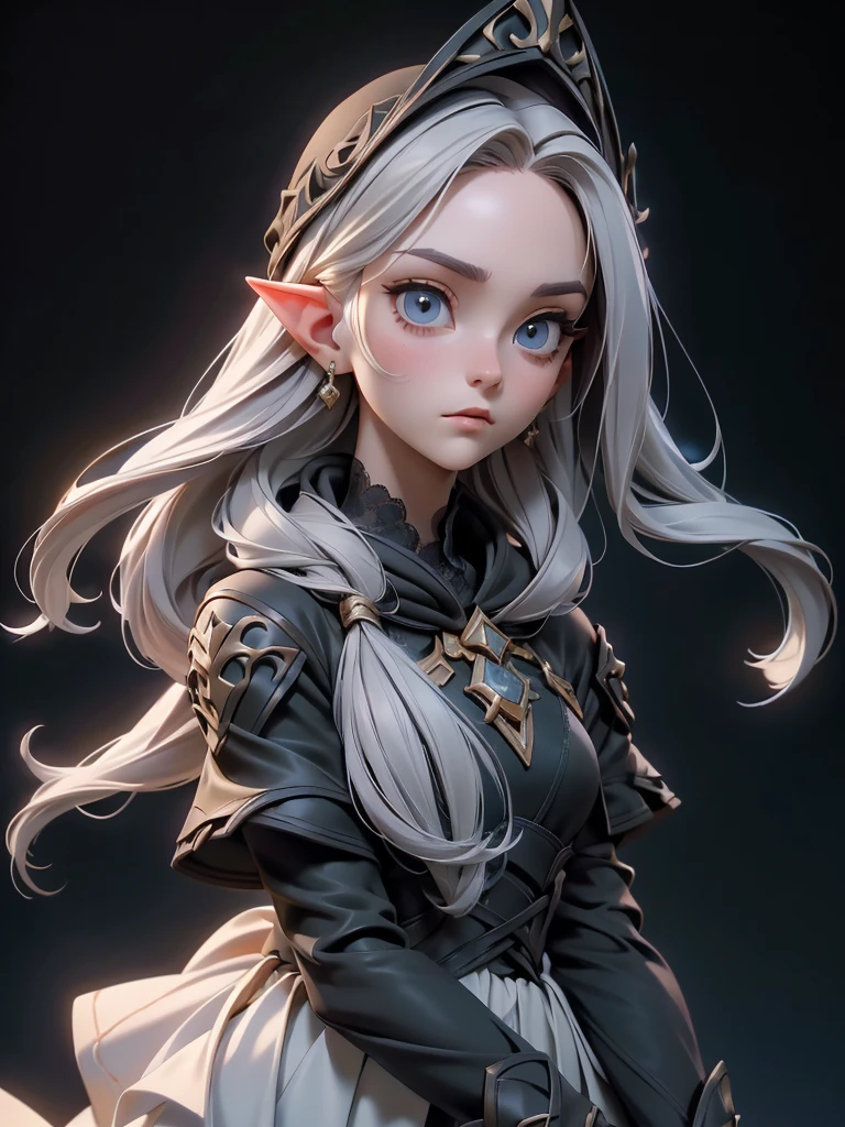 
(((Best Quality))), (((Masterpiece))), (((Realistic))) ((full body shot))White elf girl, dark grey hair color, very long flowing hair, grey eye color, small eyes, round eye shape, eyeliner, realistic face shape. black shirt, portrait, wearing a black hood, black background, Depth of Field. looking at camera, dreamy look detailed eyes, detailed face, detailed skin, Ultra Detailed, Beautiful and Aesthetic, Masterpiece, Best Quality, shoulders showing. lace fabric, round chin shape. wearing black hood over hair. showing full upper body and face. wearing a black hood, alot of flairs in background, zoomed out, black and gold. glowing, 
