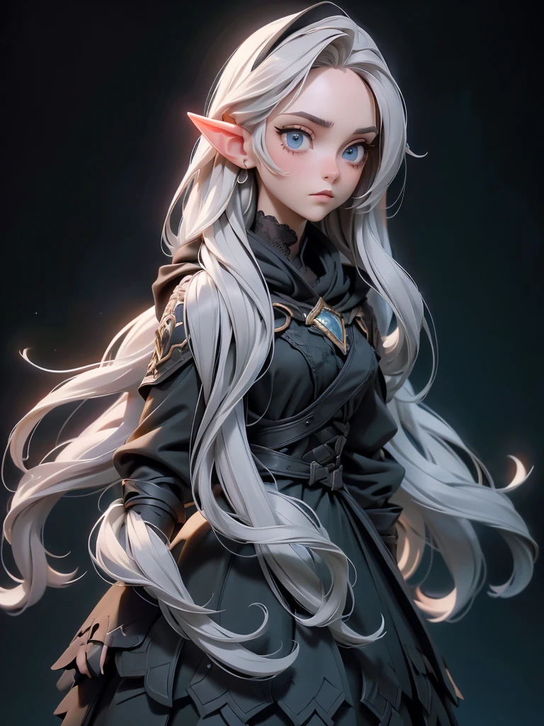 (((Best Quality))), (((Masterpiece))), (((Realistic))) ((full body shot))White elf girl, dark grey hair color, very long flowing hair, grey eye color, small eyes, round eye shape, eyeliner, realistic face shape. black shirt, portrait, wearing a black hood, black background, Depth of Field. looking at camera, dreamy look detailed eyes, detailed face, detailed skin, Ultra Detailed, Beautiful and Aesthetic, Masterpiece, Best Quality, shoulders showing. lace fabric, round chin shape. wearing black hood over hair. showing full upper body and face. wearing a black hood, alot of flairs in background, zoomed out, black and gold. glowing,