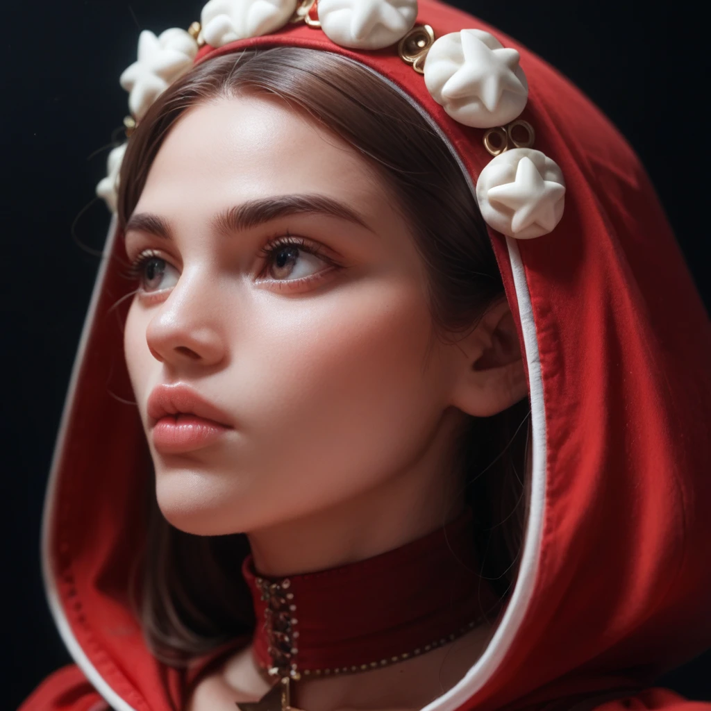 ((extreme detail)),(ultra-detailed), extremely detailed CG unity 8k wallpaper, velvet, figurine, red hood, crop top, star headdress, puffy sleeves, lips, looking away, close-up, head turn, black background