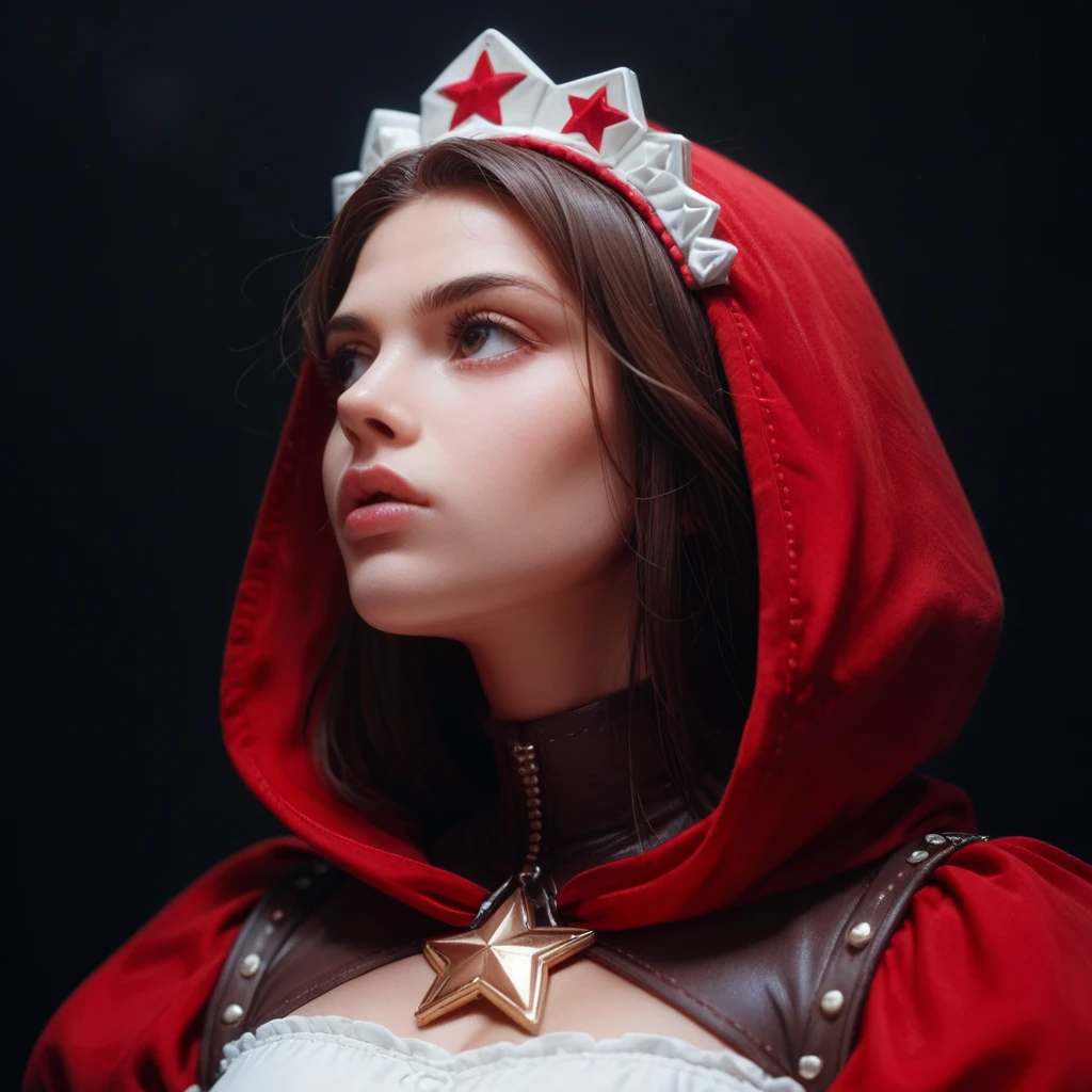 ((extreme detail)),(ultra-detailed), extremely detailed CG unity 8k wallpaper, velvet, figurine, red hood, crop top, star headdress, puffy sleeves, lips, looking away, close-up, head turn, black background