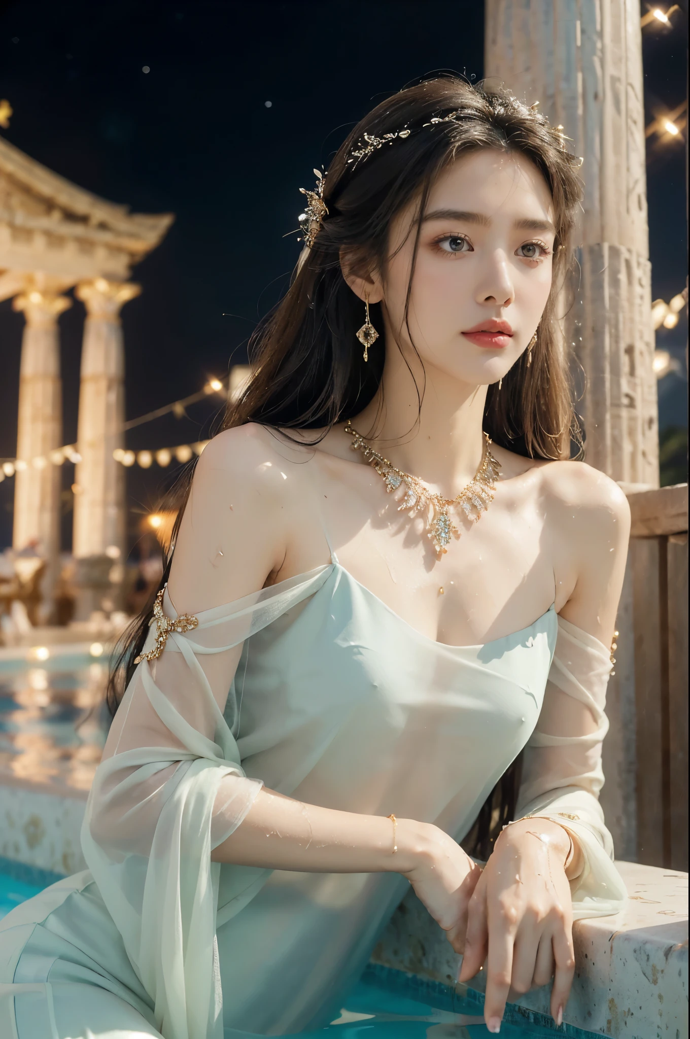(((best quality))),(((ultra detailed))),(((masterpiece))),illustration,((1 beautiful girl,ancient greek princess,solo)),((earrings,crystal necklace)),(((sweat,wet,shiny skin))),((slim,thin)),((small breasts,flat chest)),(Gorgeous sheer dress:1.3),(slender legs:1.2),(((luxurious pool,grand temple,starry night sky))),summer,radiant complexion,(shoulder length straight hair:1.2),graceful,intricate patterns,embellishments,shimmering fabric,rainbow colors,gentle waves,fragrant oils,lush plants,elegant columns,serene ambiance,(surrounded by crowded crowds of attendants:1.3),ritual of cleansing,opulence,tranquility,solitude,busy life,timeless,enchanting image,essence of ancient greece,((from front,upper body))