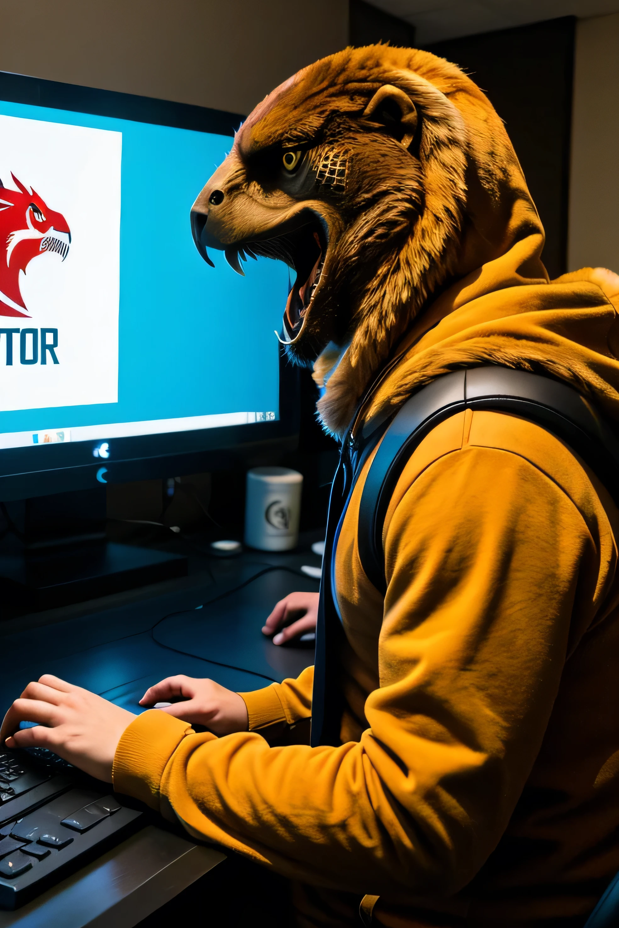 A person playing on a PC in a raptor costume