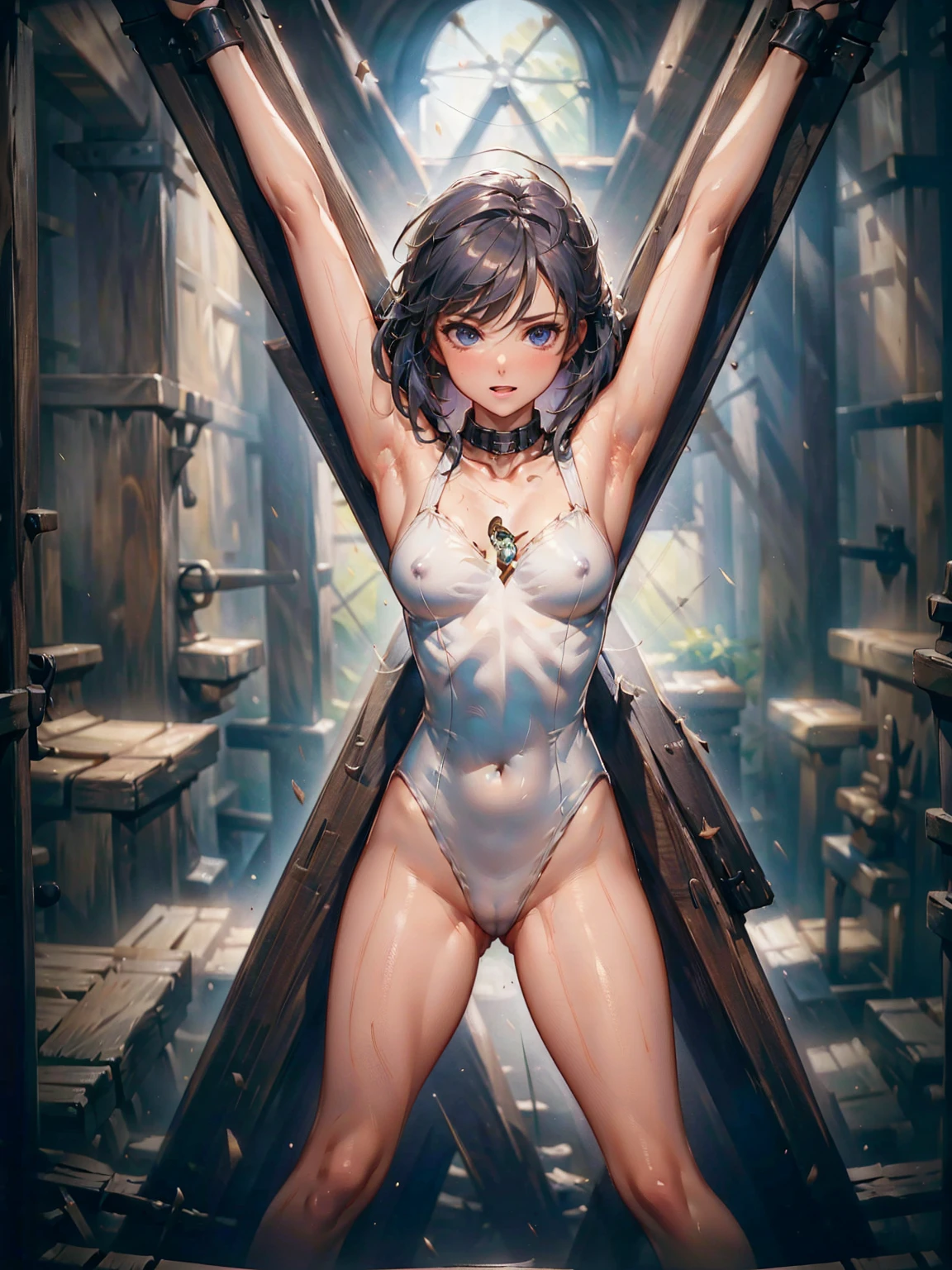 （（high quality、masterpiece、detailed、Normal body、５This finger、Accurate、delicate））、Magical girl（（Silver Hair、White-based colored leotard armor、Ultra high leg、More than excited、sling leotard、Transparent leotard、Iron Collar、Torn leotard、Torn leotard、Estrus、Aphrodisiac effect、Erogenous zone sensitivity 100 times、Nipple erection、Clitoris erection、orgasm、The pupil is the heart））