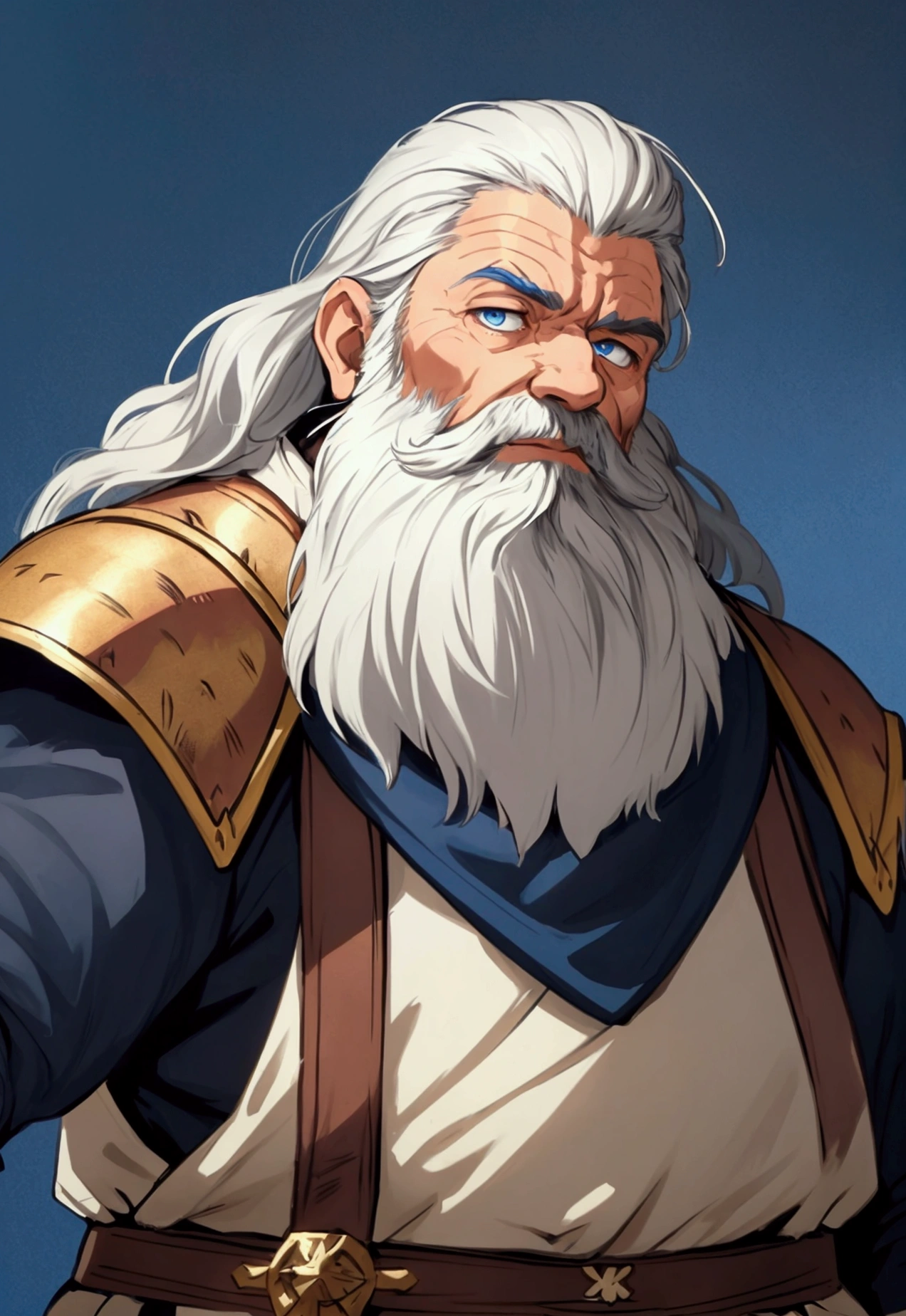 full portrait, simple male cleric, gray hair, full beard, dwarf, battle hardened, calmly standing, older 70s, blue eyes, plain and simple blue background, medieval, shining force style